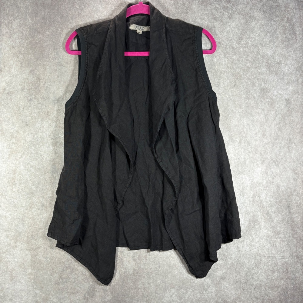 FLAX Vest Womens S Black Linen Draped Open Front Lagenlook Boho Sleeveless Top